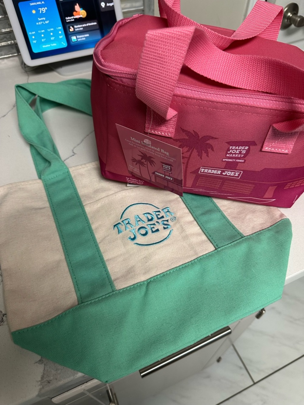 Trader Joe's Mini Canvas Tote & Mini Insulated Cooler Bag - mint and pink